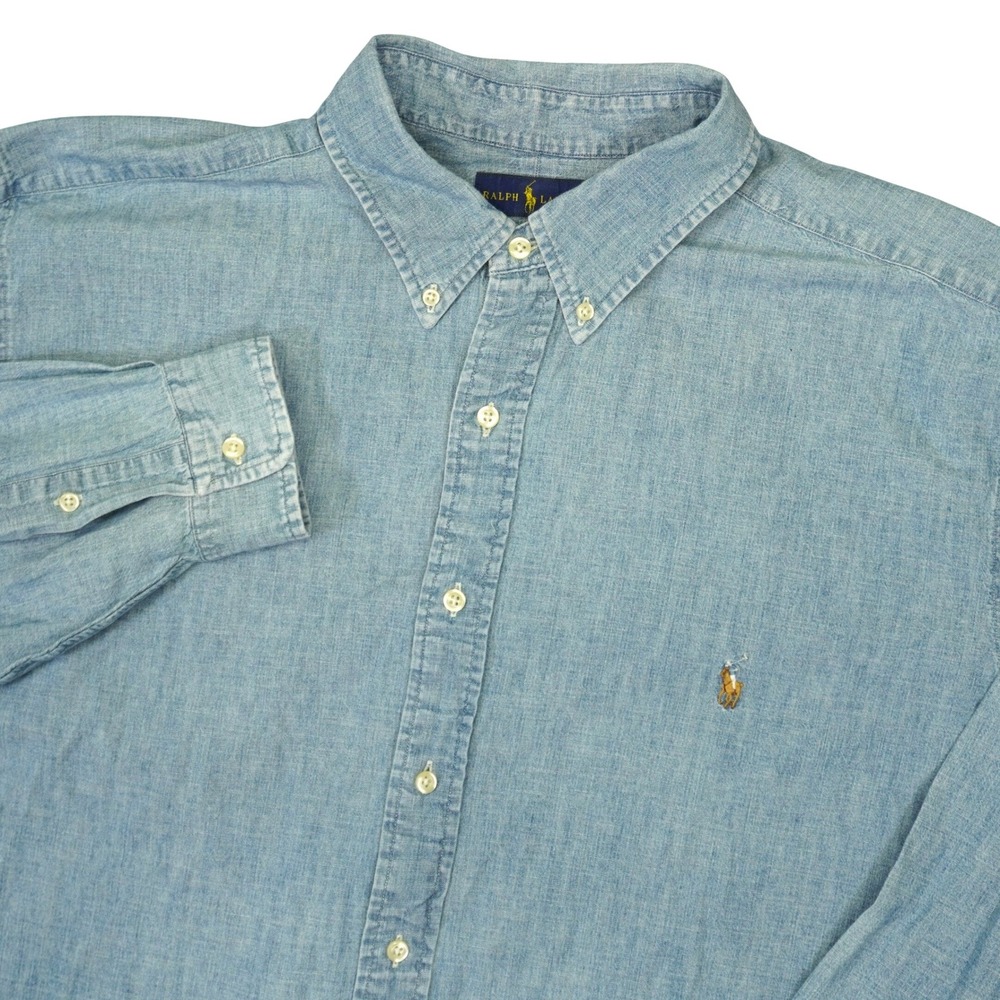Ralph Lauren Button Down Shirt Men 2XLT Blue Chambray Classic Fit Long Sleeve